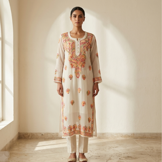 White multicolour Chikankari kurti styled with trousers, front angle