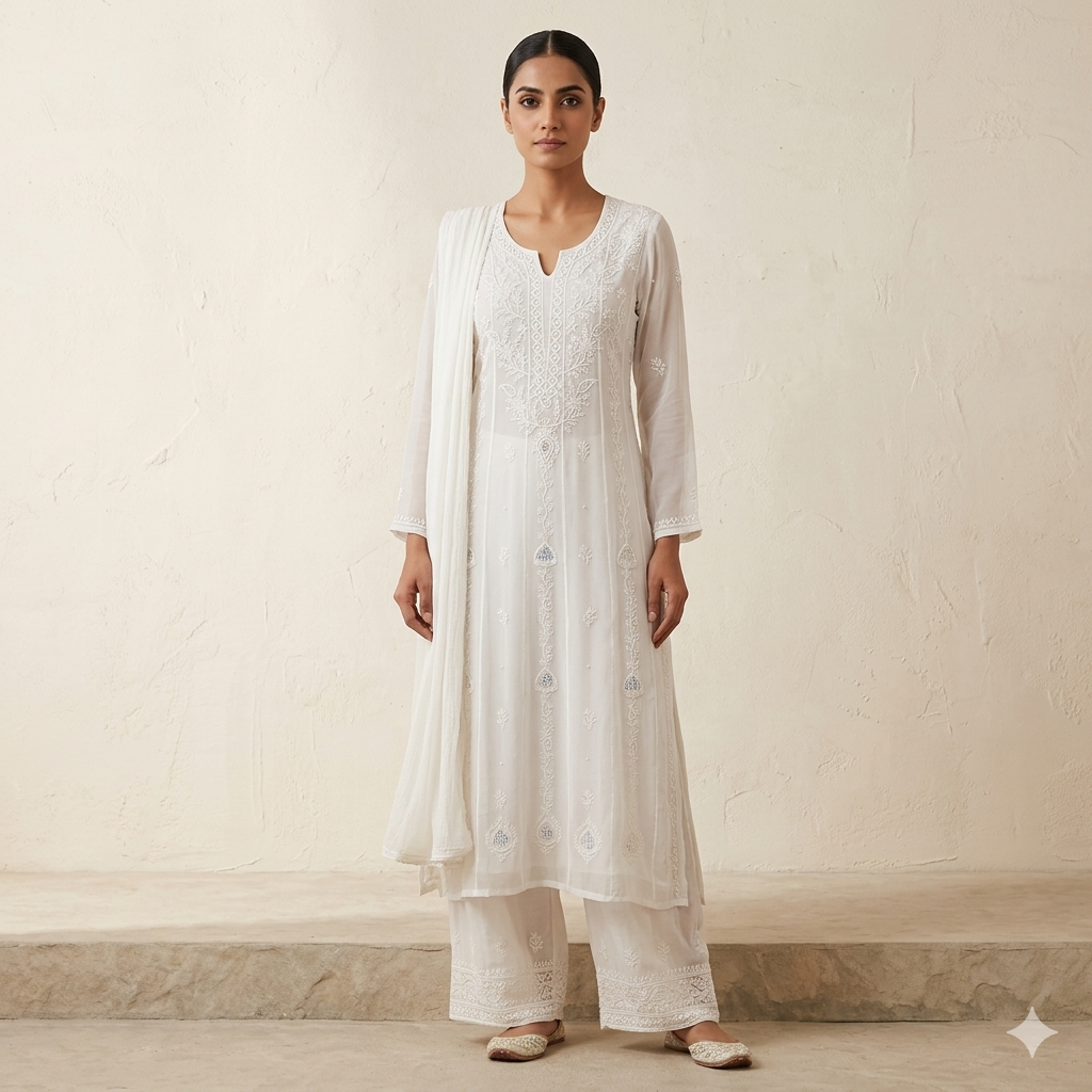 WHITE DENSE CHIKANKARI (XS(Bust-34))