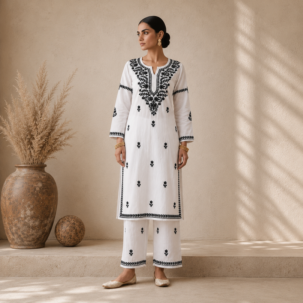 WHITE & BLACK CONTRAST EMBROIDERED (XS(Bust-34), 25-35)