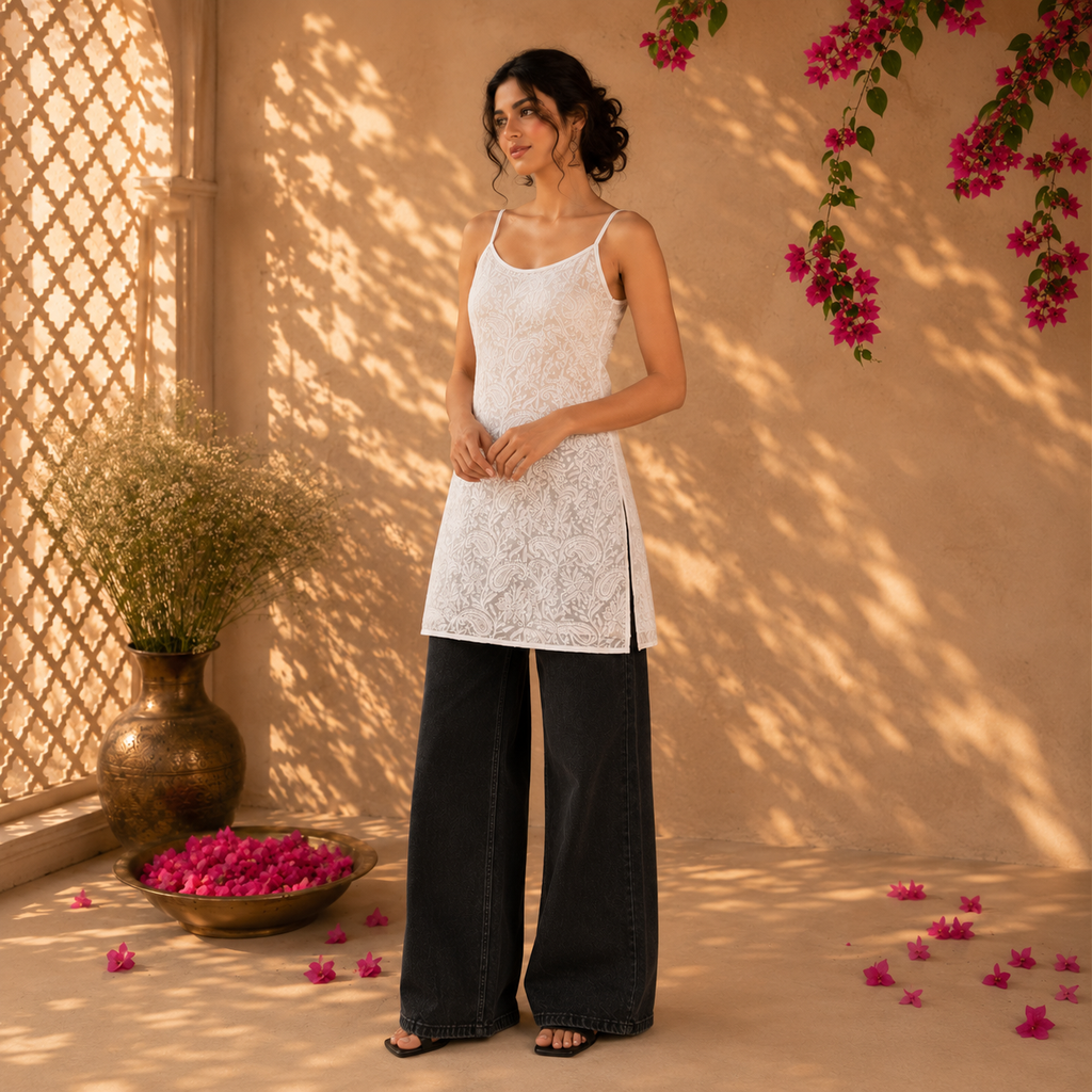 WHITE SHADOW WORK CAMI DRESSS (XS(Bust-34), 15-25)