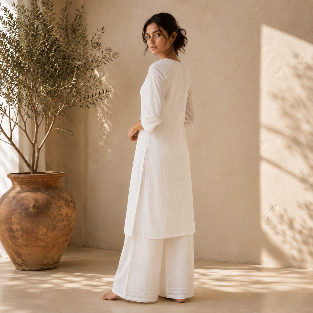 WHITE SHADOW WORK KURTI (XS(Bust-34), 25-35)