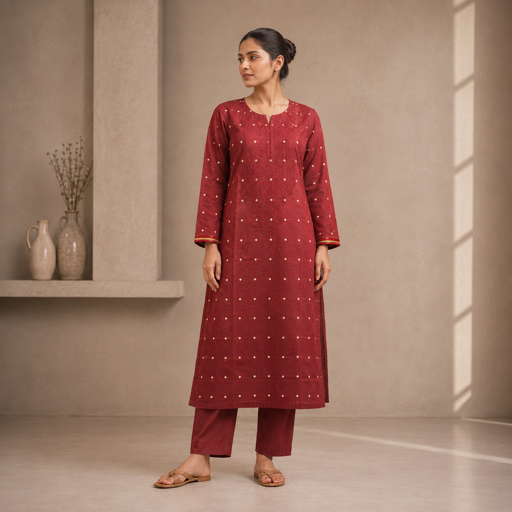 RUST BOOTI WORK MULMUL KURTI (S(Bust-36), 25-35)