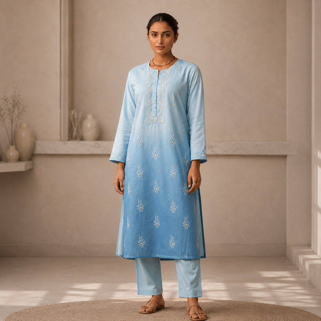 OMBRE SKY CHIKANKARI MULMUL KURTI (25-35)