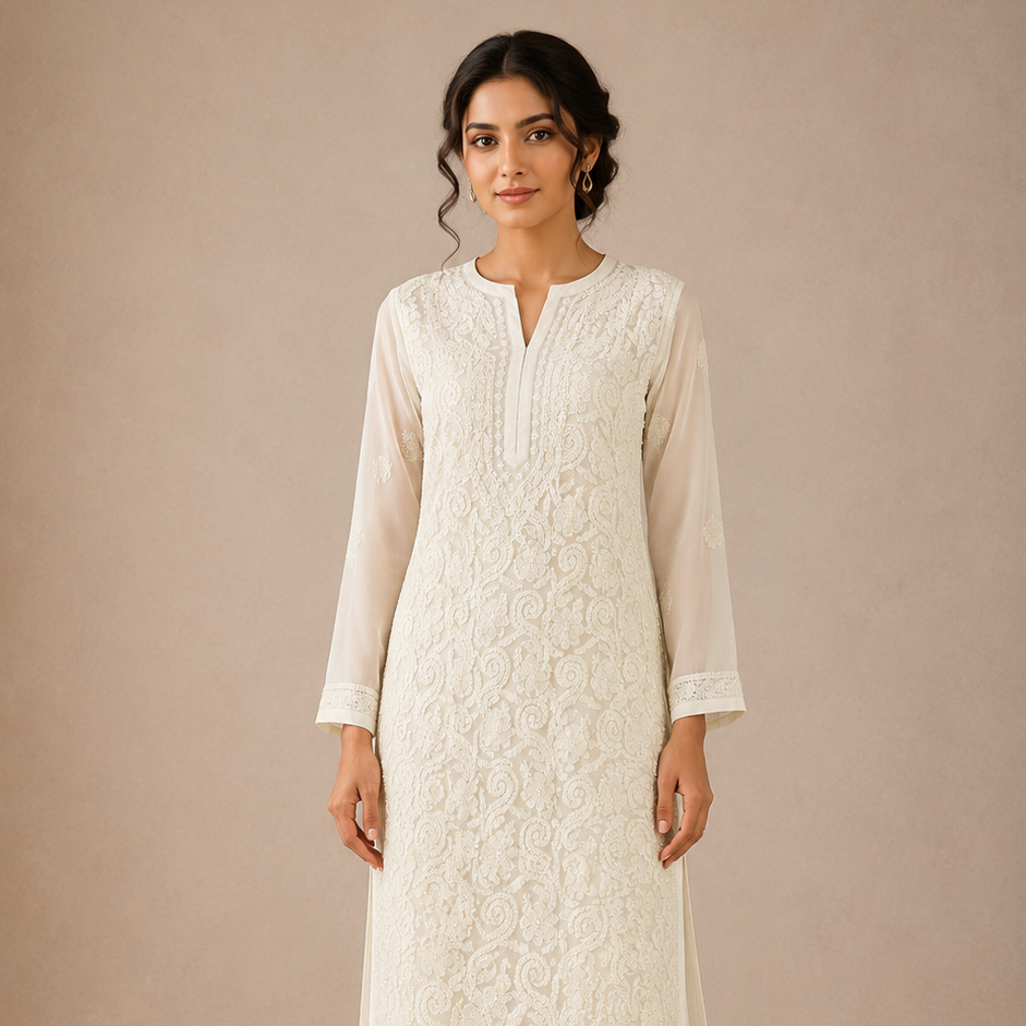 IVORY WHITE DENSE CHIKANKARI (XS(Bust-34), Pure White, 25-35)