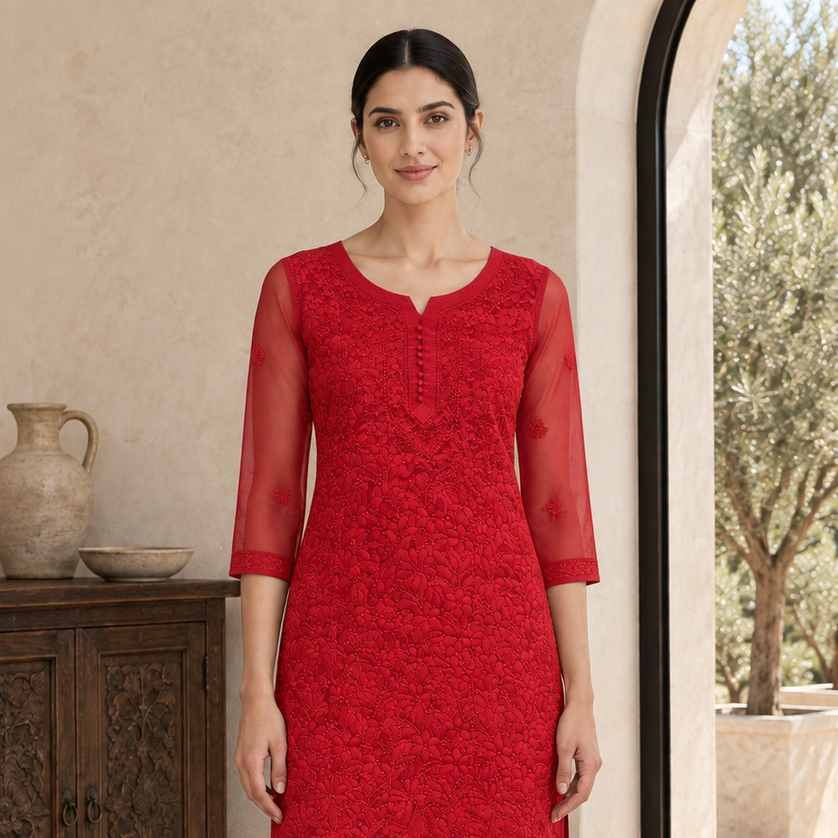 RED DENSE FLORAL CHIKANKARI (25-35)