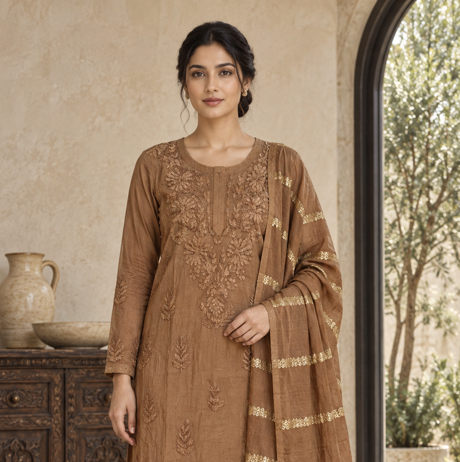 BROWN CHIKANKARI COTTON SILK KURTA SET WITH FOIL DUPATTA