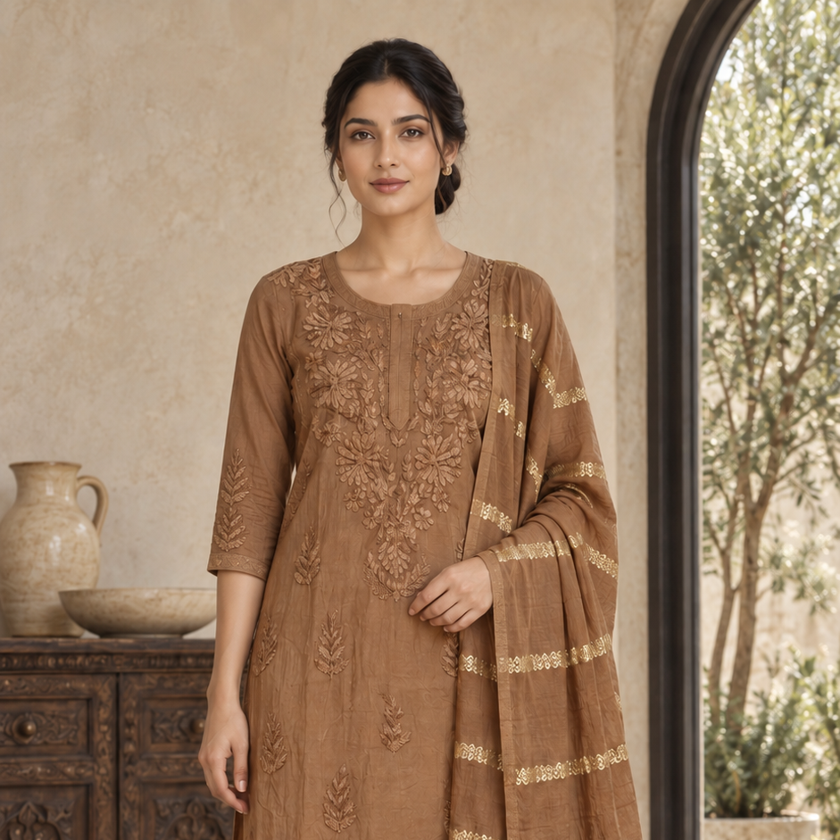 [LUNA-BROWN-B-NA-00010] BROWN CHIKANKARI COTTON SILK KURTA SET WITH FOIL DUPATTA (25-35)